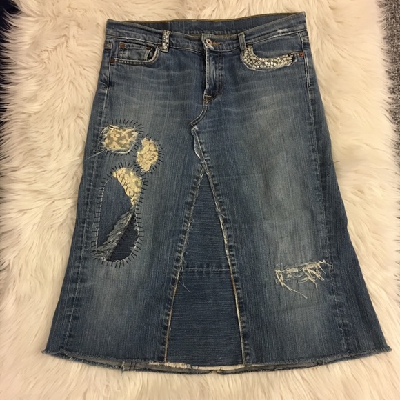 Lucky Brand | Jean Skirt | Custom Made | Lace and Sequin Detail - Picture 2 of 16